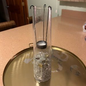 Clear 12 inch tall glass vase with candle holder and glass beads